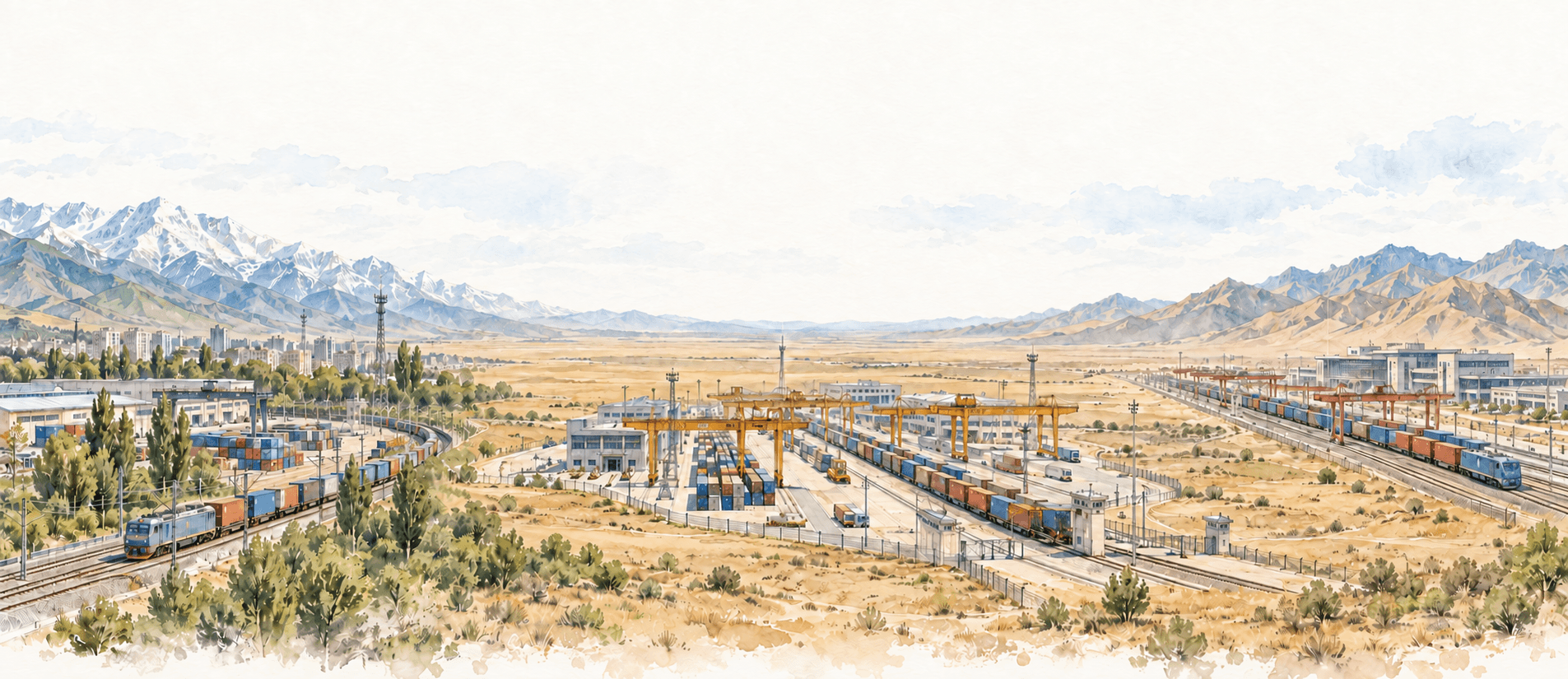 Watercolor rail corridor from Almaty through the Khorgos container terminal to Urumqi